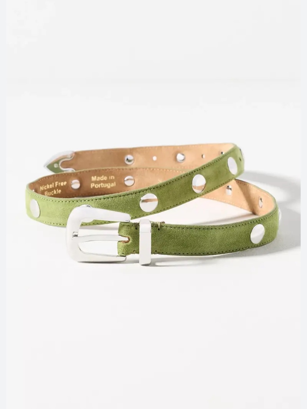 NWT Anthropologie Olive Pistachio Green Suede Belt Silver Studs Summer Trend - Picture 1 of 7